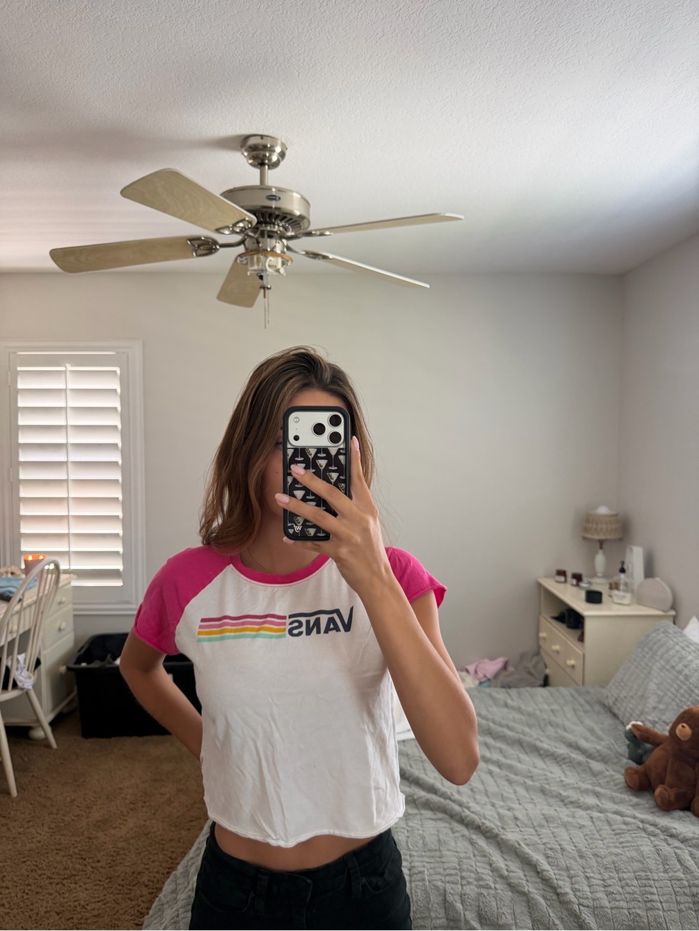 Vans White Tee with Hot Pink Trim and Checker Logo